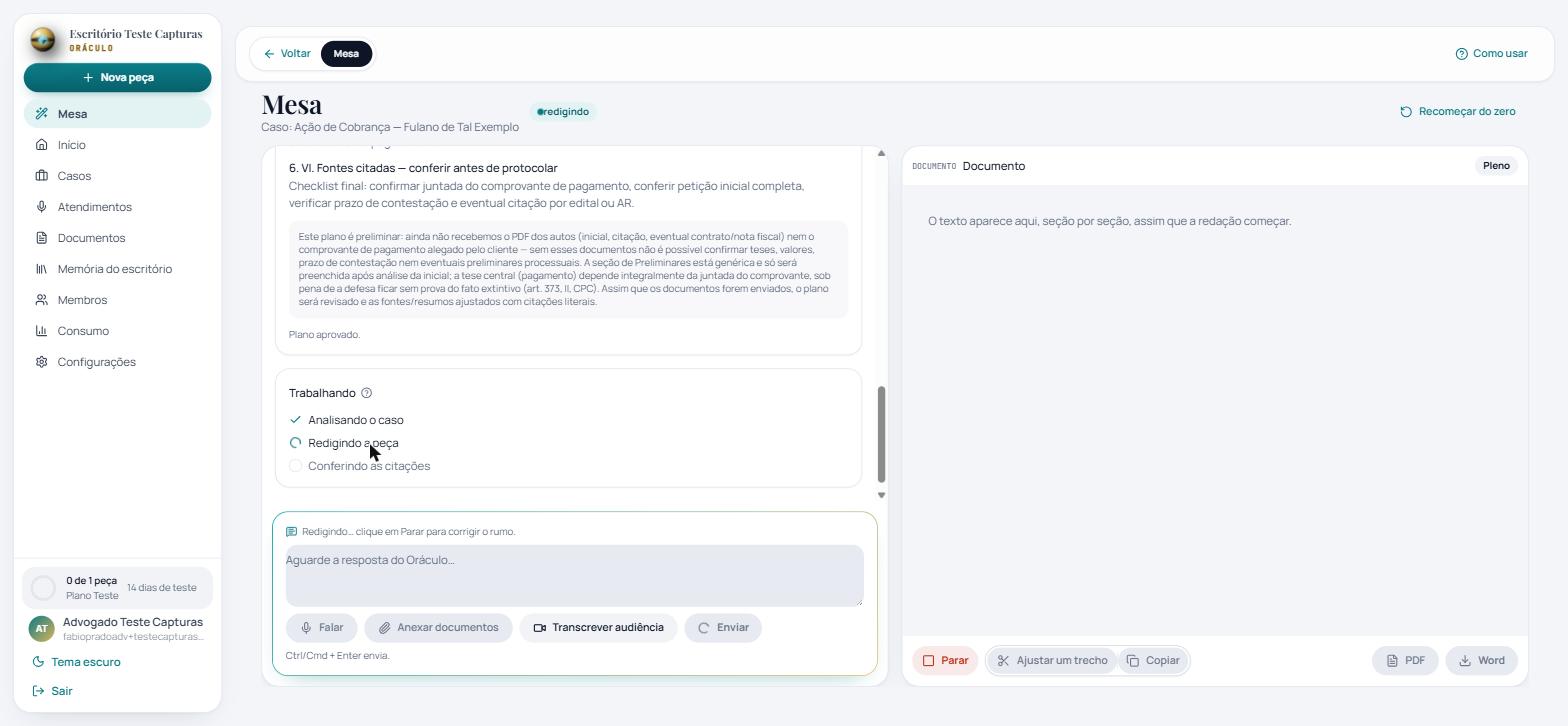 Mesa trabalhando com etapas de análise, redação e conferência ao lado do documento